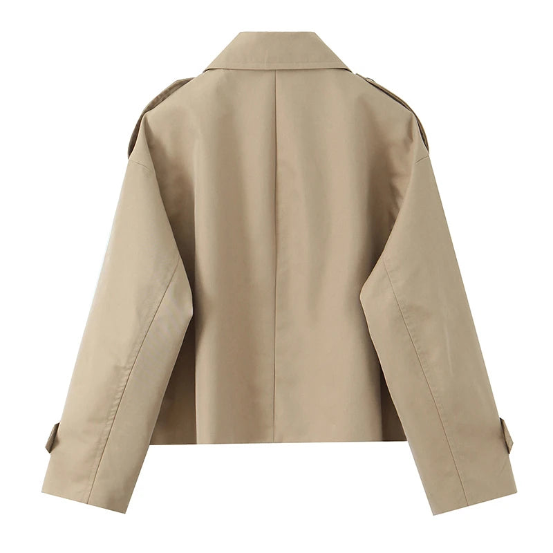 Women's Khaki Double-Breasted Short Trench Jacket – Notched Neck Chic Coat