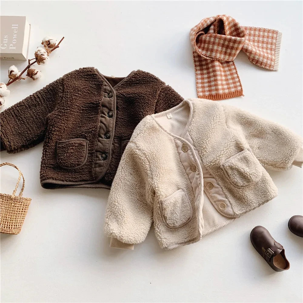 Girls Velvet Loose Lamb Velvet Warm Jacket – Korean Style Winter Coat Ages 0–5