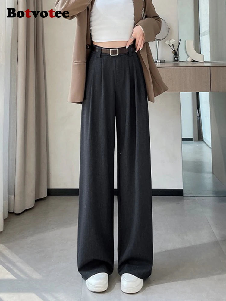 Women's High Waist Wide Leg Suit Pants with Pockets – Elegant Office Lady Trousers