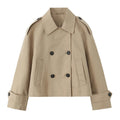 Women's Khaki Double-Breasted Short Trench Jacket – Notched Neck Chic Coat