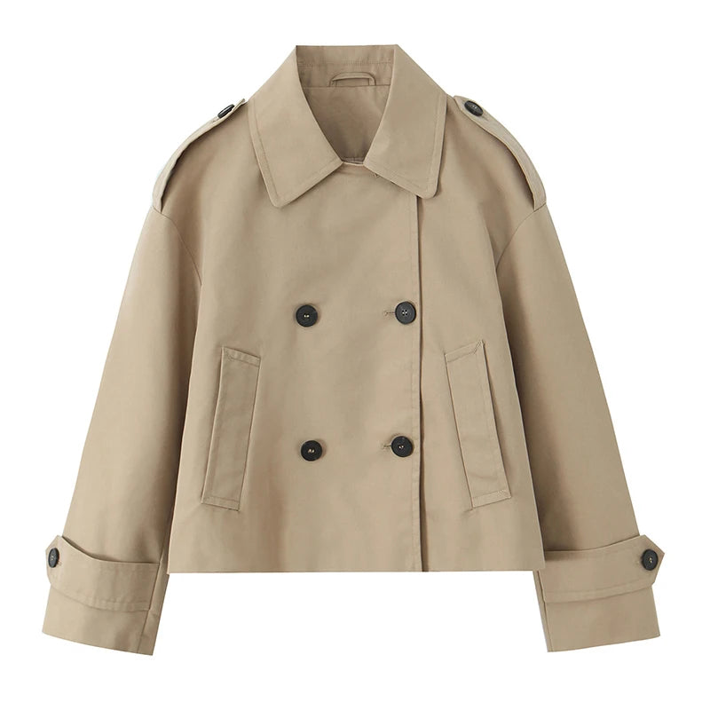 Women's Khaki Double-Breasted Short Trench Jacket – Notched Neck Chic Coat