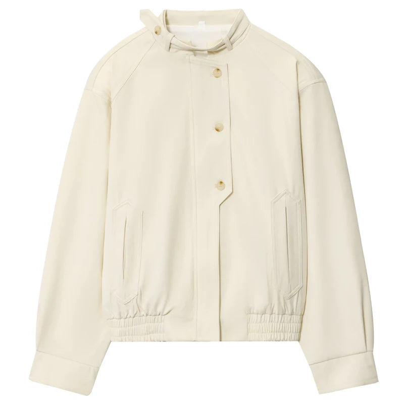 HXAO 2025 Women's Bomber Jacket Autumn Winter Button Oversized Outerwears Beige Long Sleeve Top New In Coats & Jackets Chic Coat