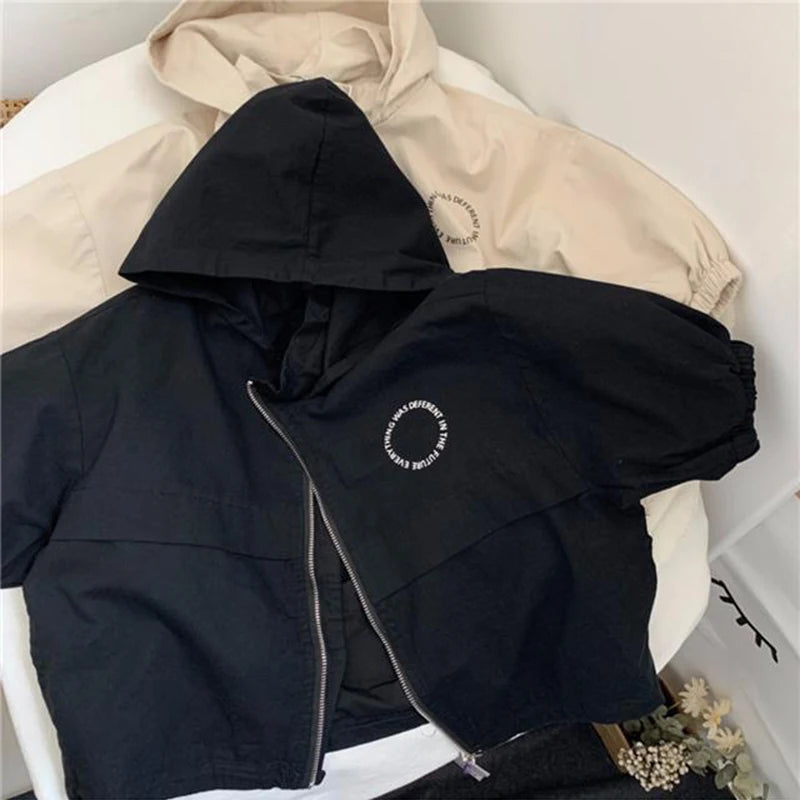 Boys Hooded Letter Windbreaker Jacket – Fashion Long Sleeve Zipper Coat Ages 2–7