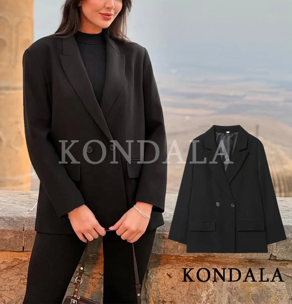 Women's Elegant Double-Breasted Blazer – Vintage Brown Button Office Lady Jacket