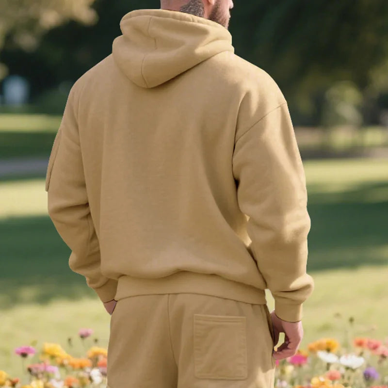 Men's Fleece-Lined Hooded Sweatshirt Set Sporty Casual Trendy Brand Solid Color Sweatpants Autumn Winter 2025