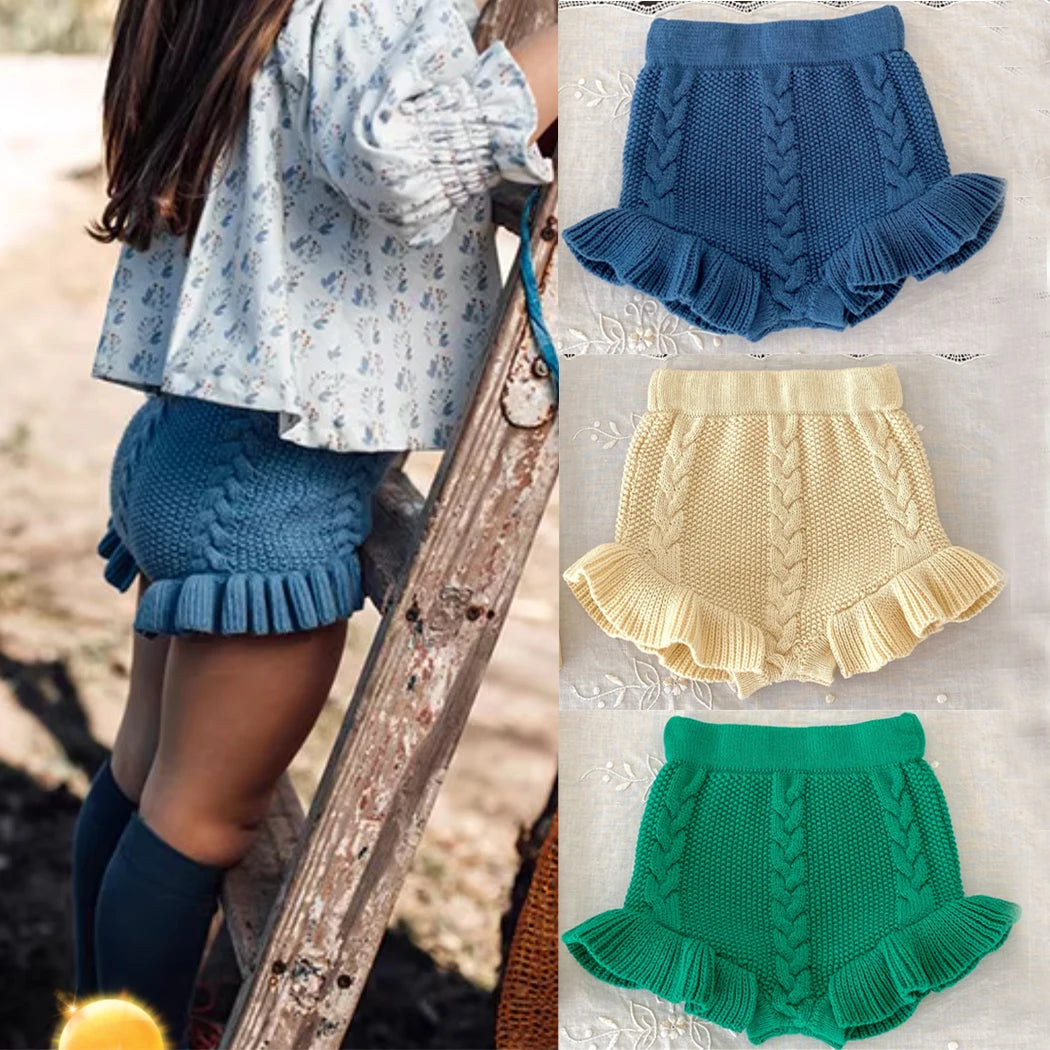 Autumn Baby Girls Knitted Shorts Children Bloomer Toddler Princess PP Shorts Kids Girls Ruffle Edge Lovely Lotus Butt Shorts