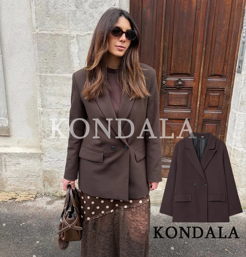Women's Elegant Double-Breasted Blazer – Vintage Brown Button Office Lady Jacket