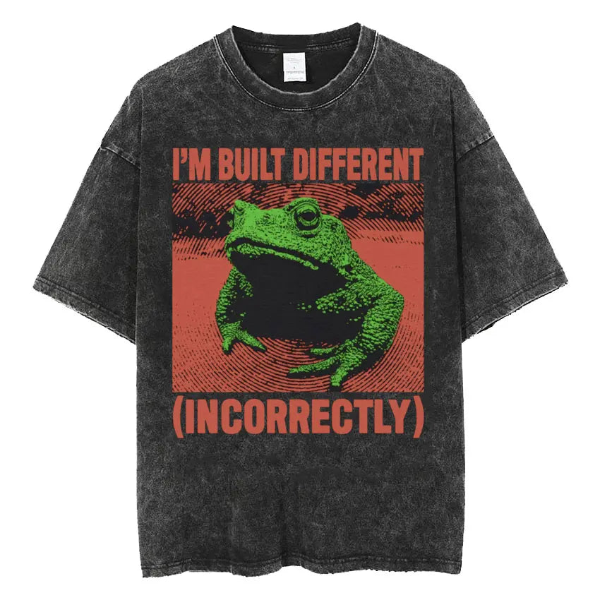 Men's Japanese Frog Retro Washed Oversized T-Shirt – Funny Graphic Streetwear Tee