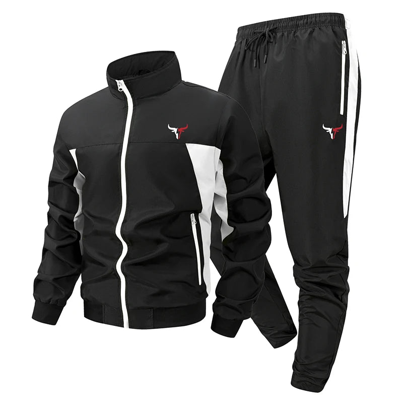 Bull Print Colorblock Sports Set for Men Outdoor Stand Collar Zip Up Jacket Coat Outwear Tops Pants Trousers with Zipper Pockets