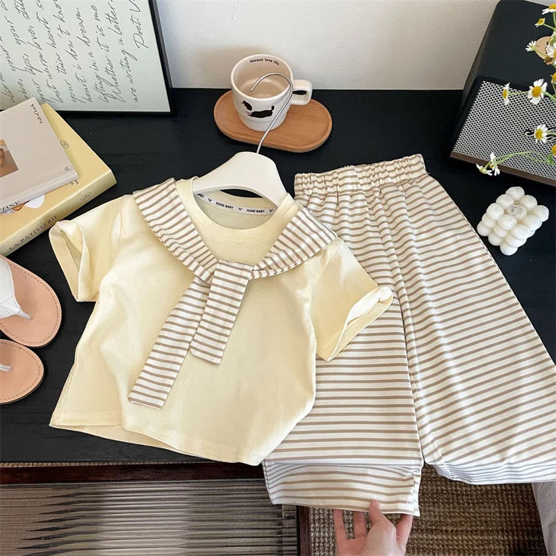 Girls Striped Shawl T-Shirt & Pants Set – Casual 2-Piece Summer Outfit Ages 1–12