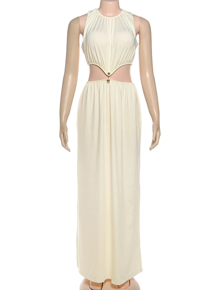 Women's Metal Trim Sleeveless Skinny Prom Dress – Elegant O-Neck Party Vacation Dress
