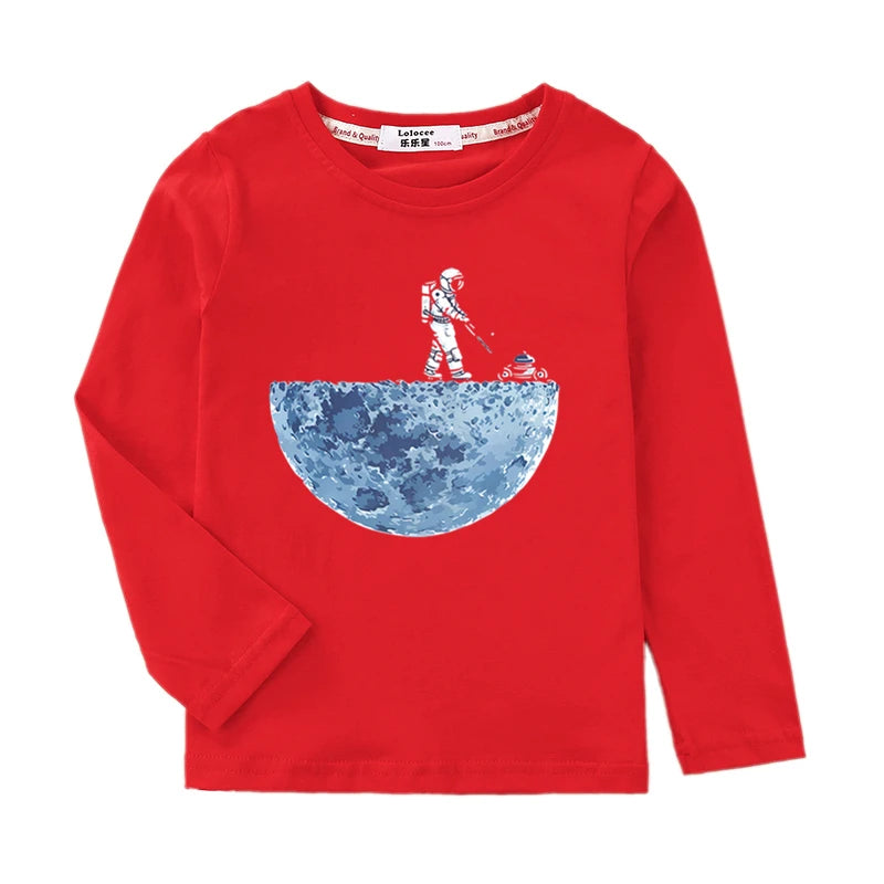Boys Astronaut Print Long Sleeve T-Shirt – Fun Space Cotton Kids Top