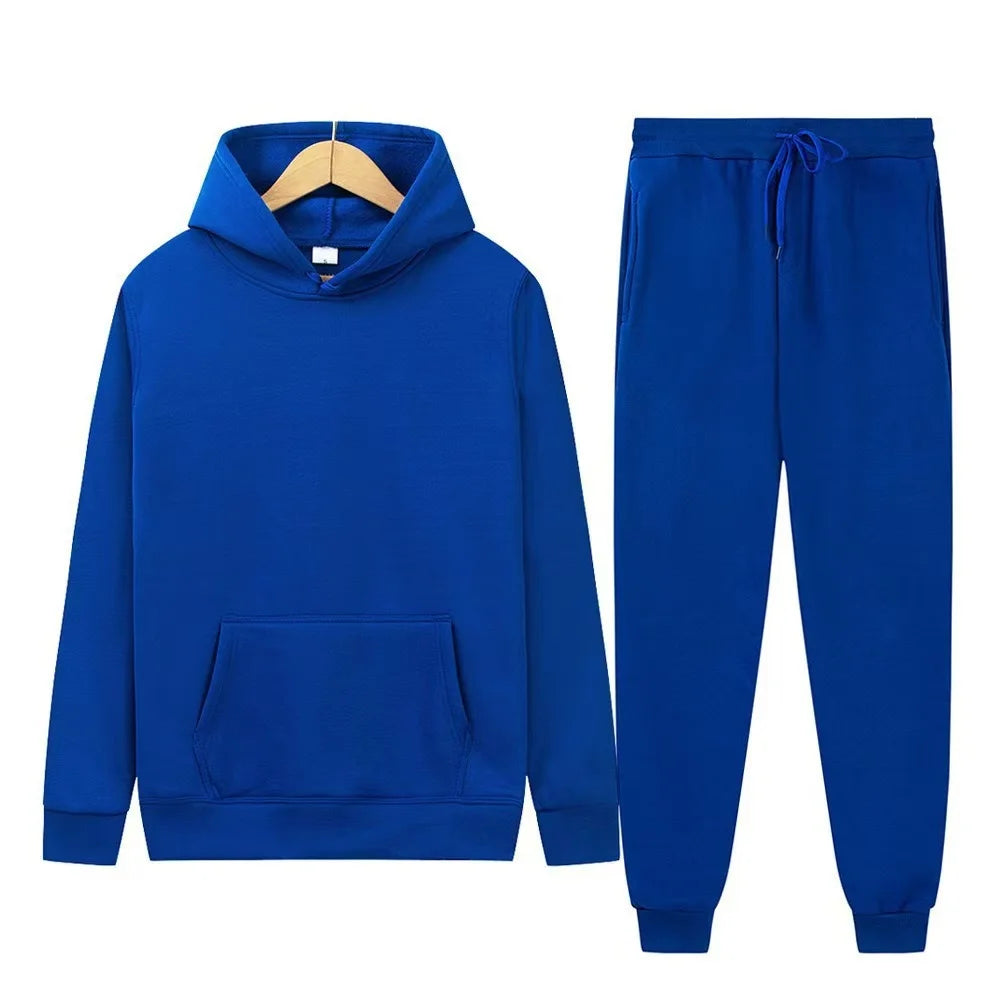 Men's Solid Color Hoodie & Pants 2-Piece Set – Casual Sports Tracksuit