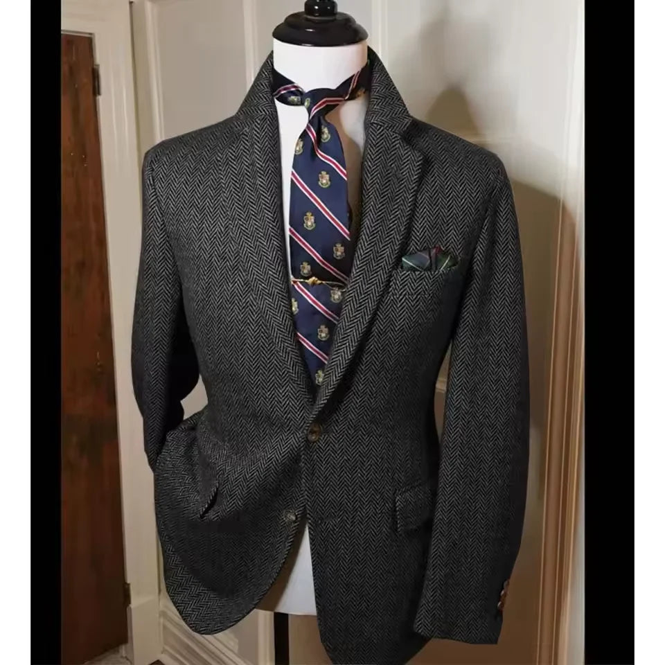 Men's Herringbone Tweed Blazer – Vintage British Slim Fit Wool Blend Suit Jacket