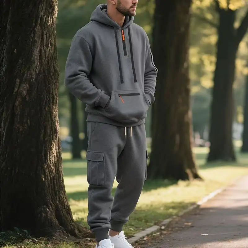 Men's Fleece-Lined Hooded Sweatshirt Set Sporty Casual Trendy Brand Solid Color Sweatpants Autumn Winter 2025