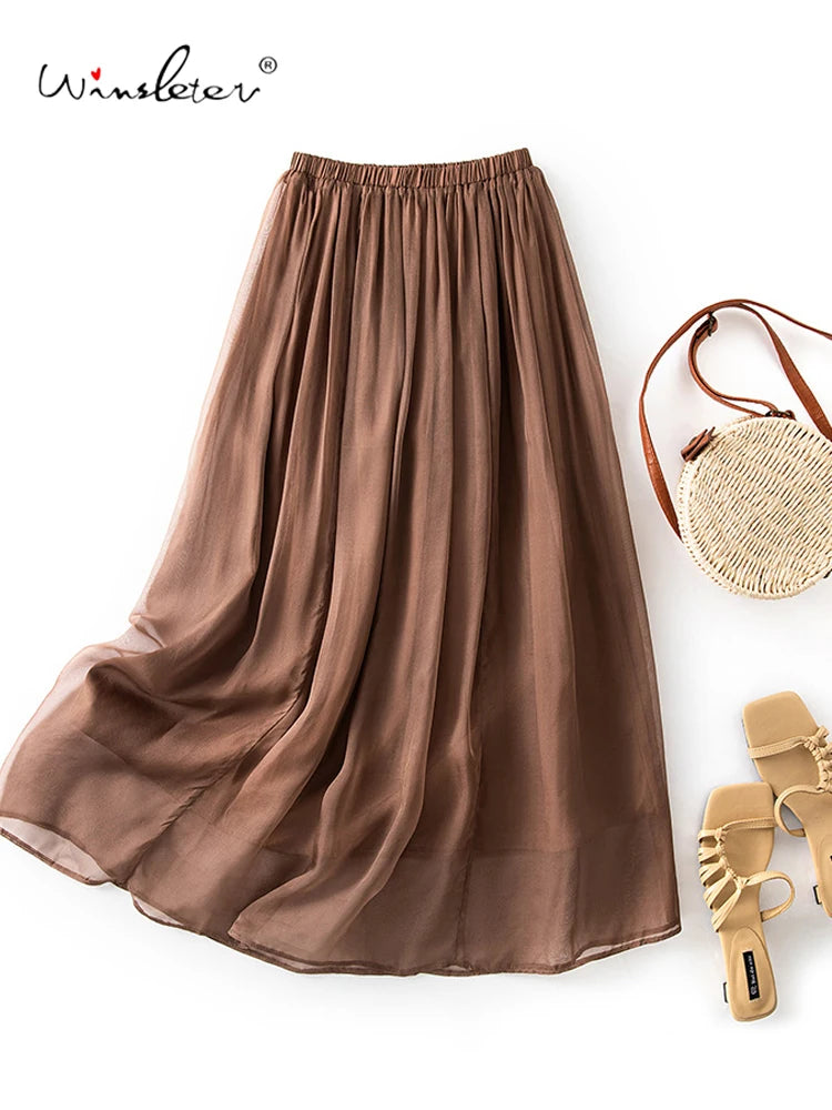 Women's 100% Real Silk Midi Skirt – Elegant French Temperament Fairy Commute Skirt