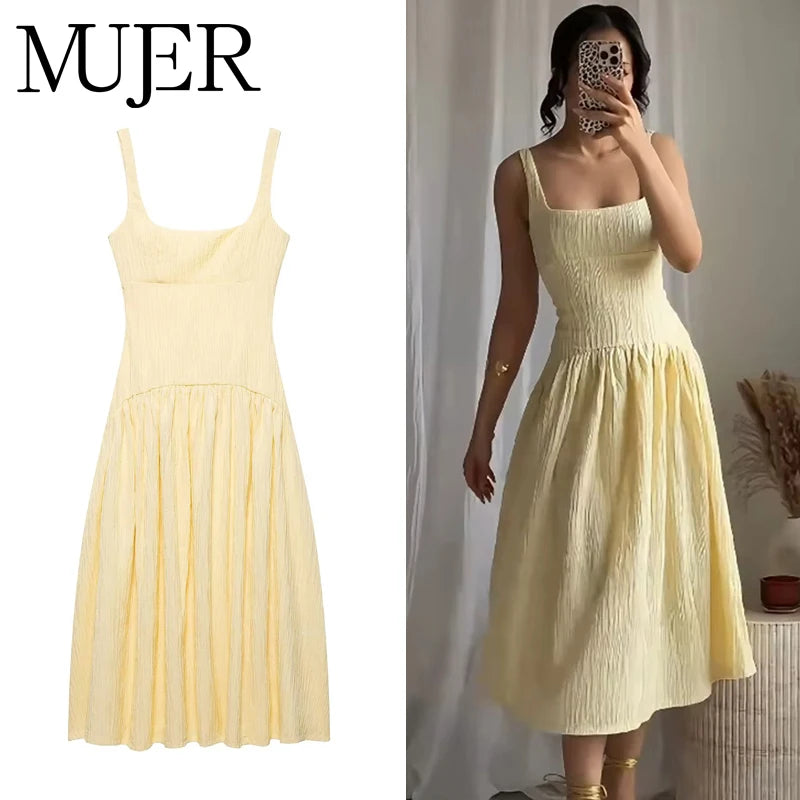 MUJER Pleated Slip Midi Dress Woman Elegant Party Long Dresses for Women Casual Women's Summer Dress Straps Beach Female Dress