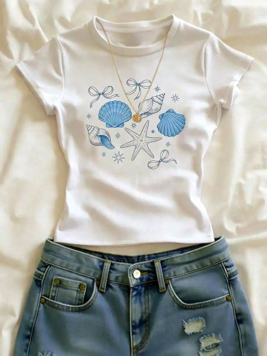Sundraya Women Fruit & Coconut Print Fitted Short T-Shirt, Cream-Colored Summer Beach Vacation Ladies Top