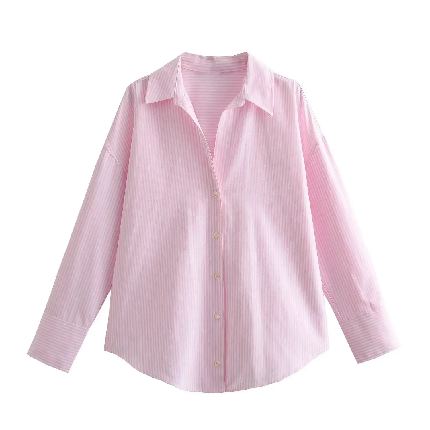 Women's Cotton Oxford Long Sleeve Lapel Blouse – Single-Breasted Street Chic Crop Top