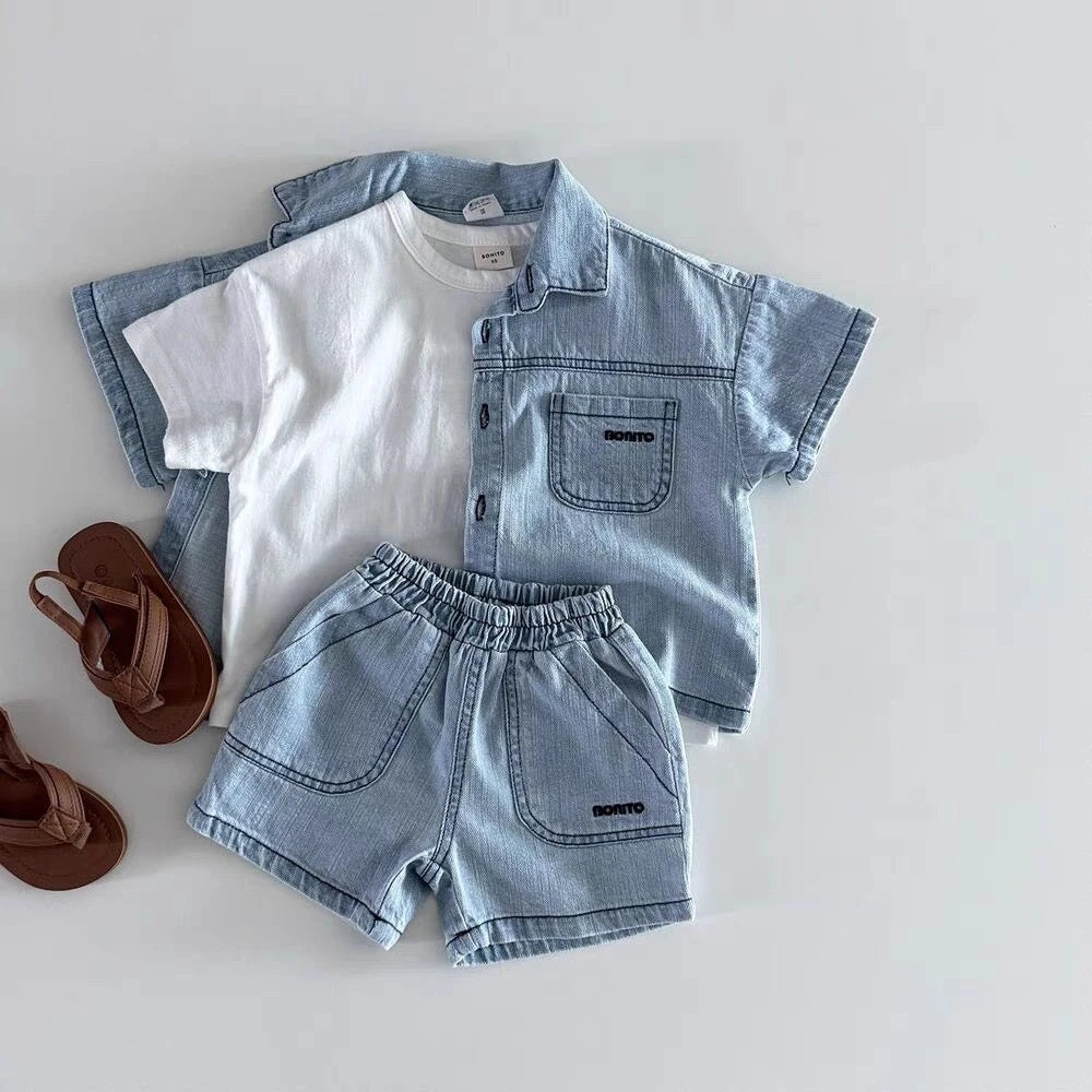 Baby Denim Shirt & Shorts Set – Korean Style Cute 2-Piece Toddler Outfit