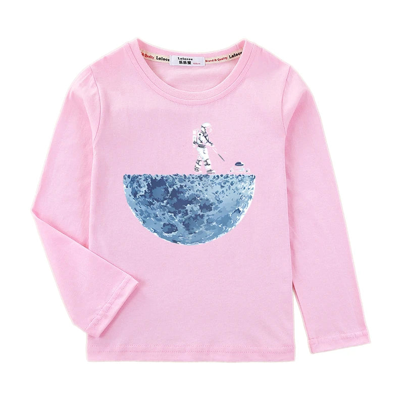 Boys Astronaut Print Long Sleeve T-Shirt – Fun Space Cotton Kids Top