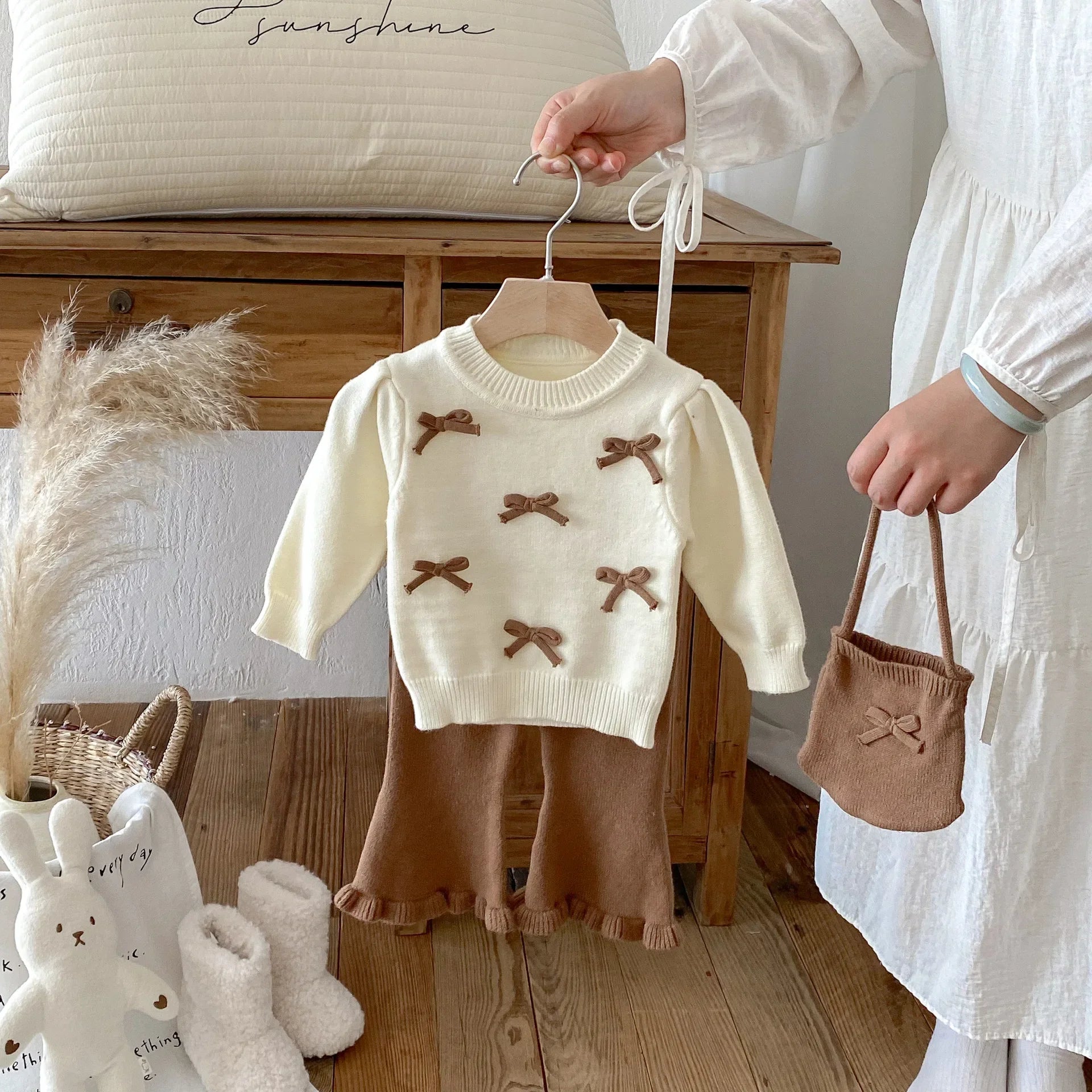 Baby Girl 3-Piece Knitted Outfit Set  Autumn Cute Bowknot Cream Sweater + Brown Ruffle Flared Pants + Mini Bag Girls Clothing