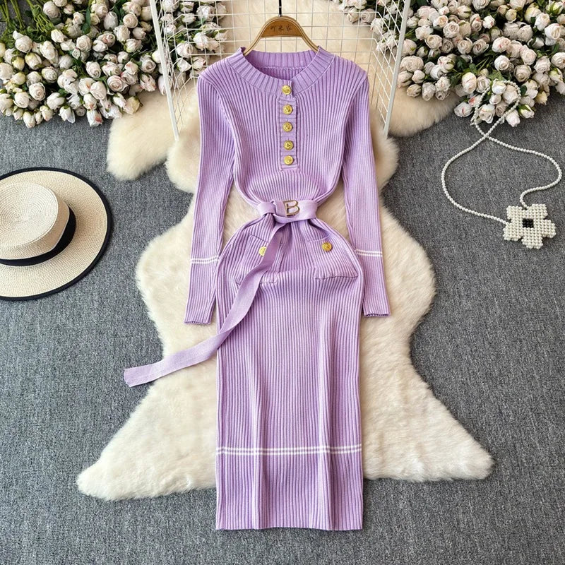 Bodycon Dress Women Dresses Vests Knitted Vestidos Streetwear High Waist Belt Elegant Y2k Work Party Club Spring Autumn Belt