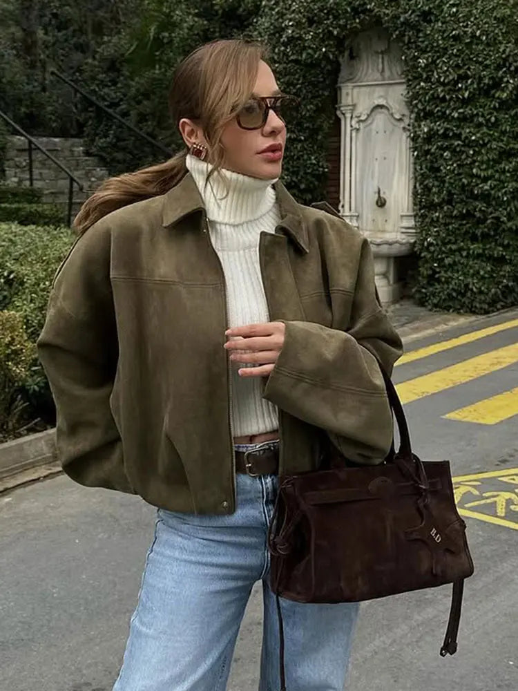Women's Suede Bomber Motorcycle Jacket – Loose Casual Lapel Zipper Vintage Coat
