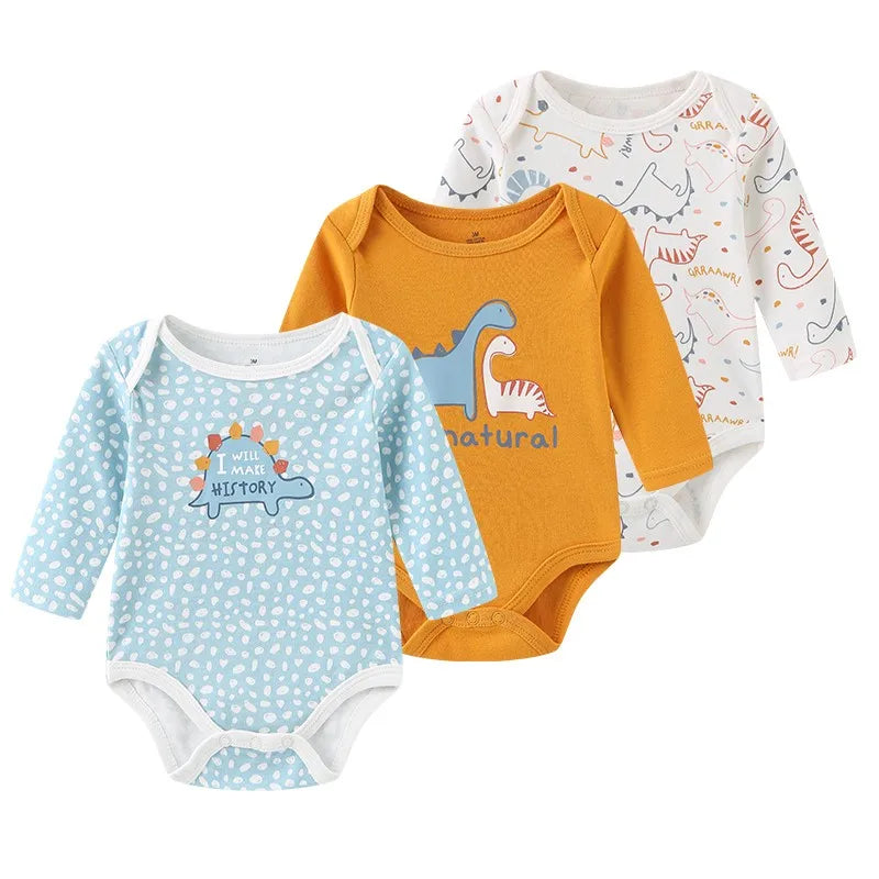 Newborn Cartoon Long Sleeve Bodysuit – 100% Cotton Baby Onesie 3-Pack