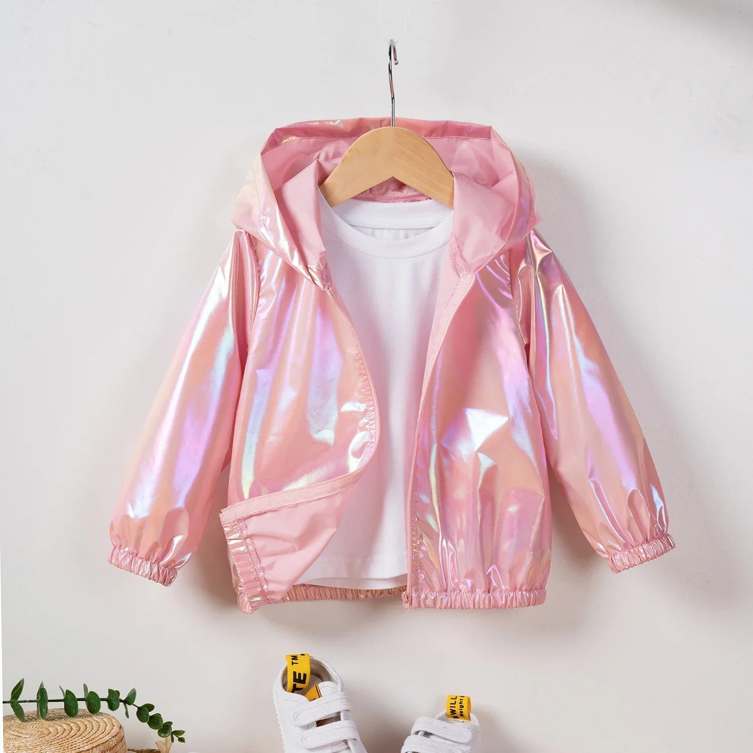 Girls Pearl Color Hooded Zipper Jacket – Fashion Trend Leisure Coat Ages 0–6