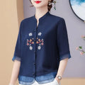 Women's V-Neck Floral Embroidery Half Sleeve Shirt – Vintage Loose Casual Summer Top