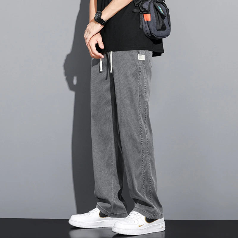 Men's Lyocell Fabric Loose Straight Jeans – Thin Drawstring Elastic Waist Trousers Plus Size