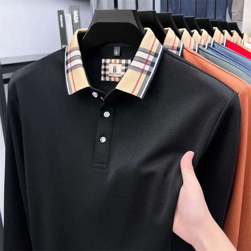 Luxury brand long sleeve polo shirt men comfortable casual autumn item silk cotton high-end Korean fashion plaid lapel T-shirt