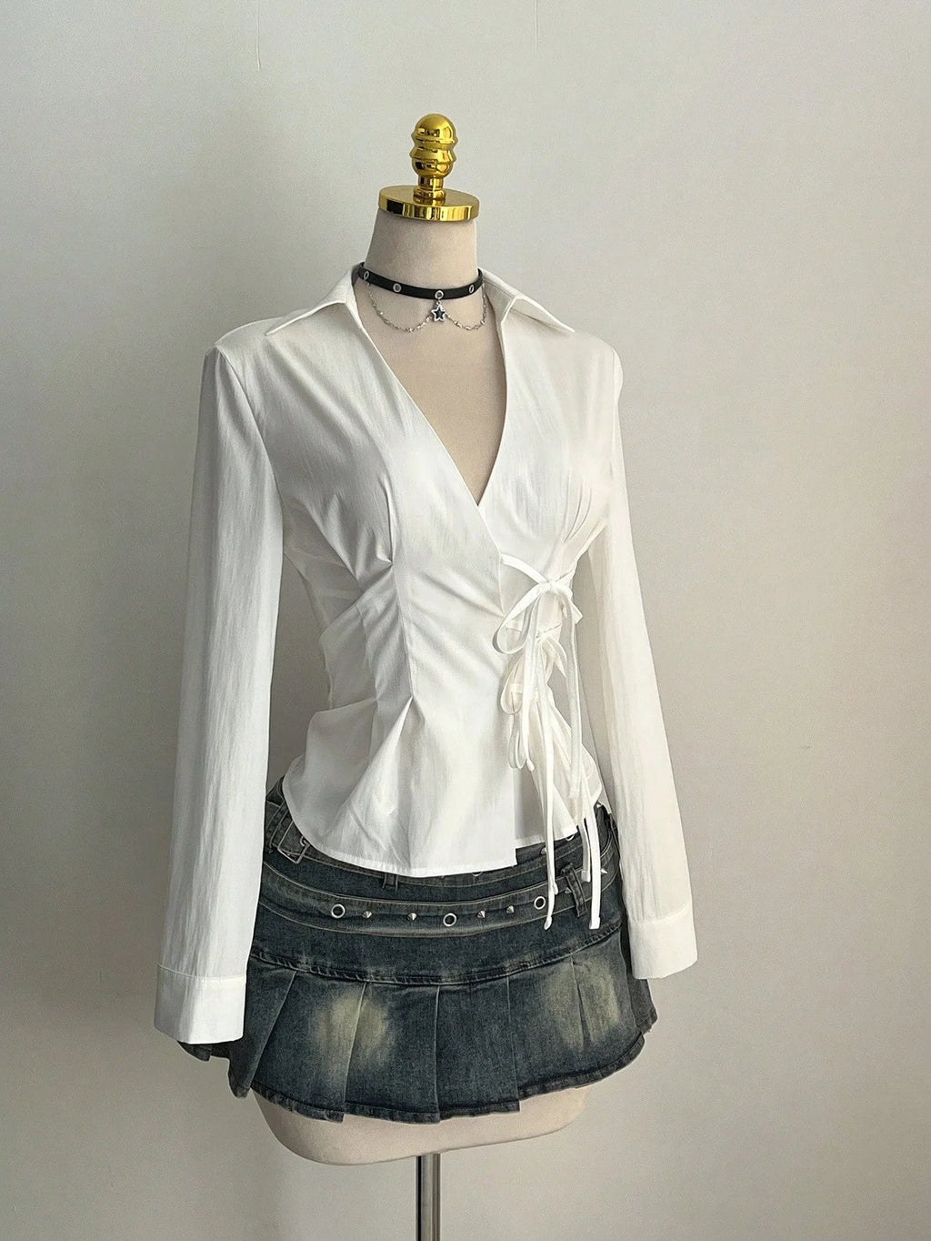 Harajuku Women's Shirt Unique Aesthetic Solid Color Slim Fit Sexy Y2K Girls Tie-Waist Gothic Street Style Casual V-Neck Tops