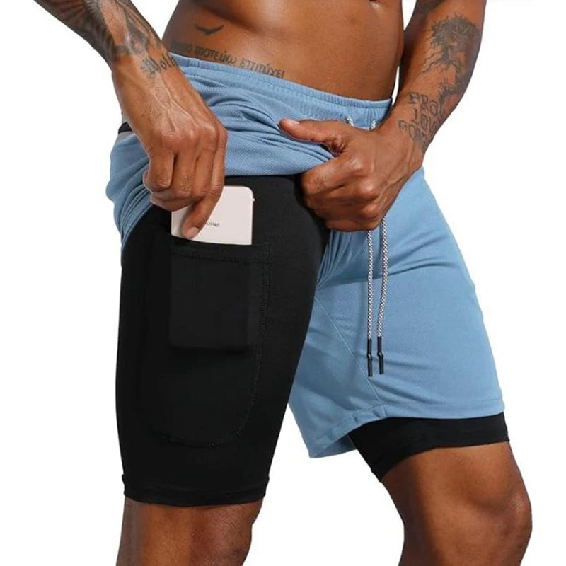 Men's Fitness Built-in pocket casual sports Shorts Summer 2 In 1 Quick Dry Breathable Double-deck men Shorts mesh sweatpants