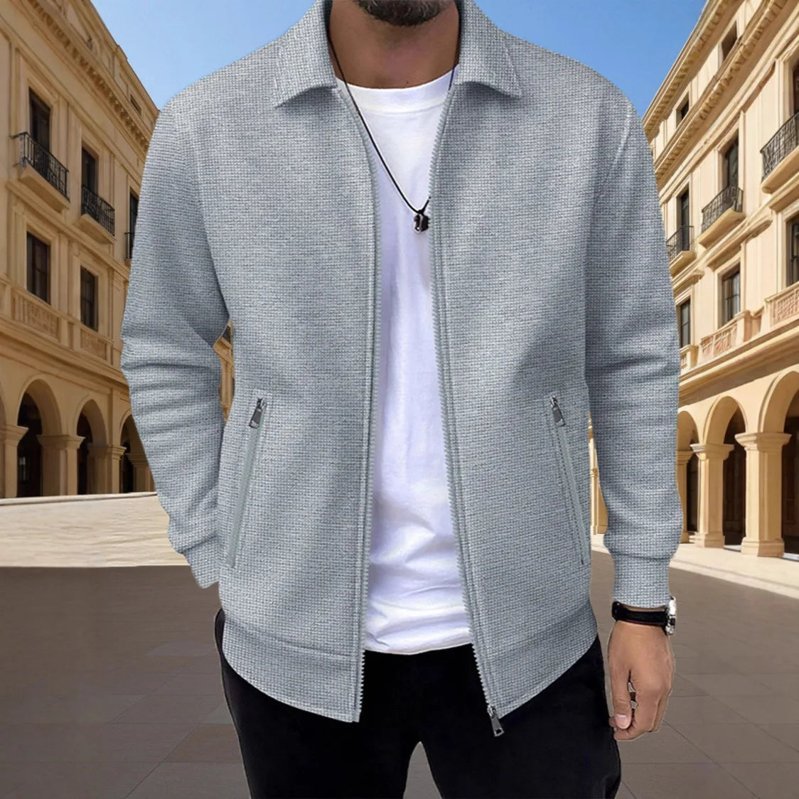 Men's Slim Waffle Texture Zipper Cardigan – Casual Spring Autumn Fashion Top