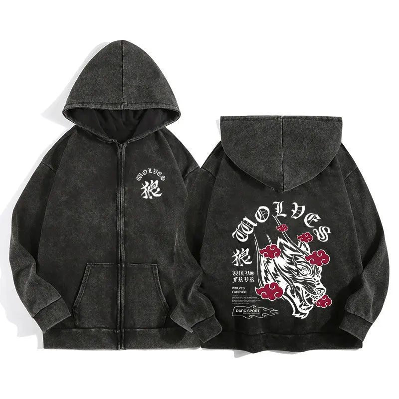 Darc Wolves Gothic Harajuku Zip Hoodie Jacket – Cotton Print Manga Sweatshirt