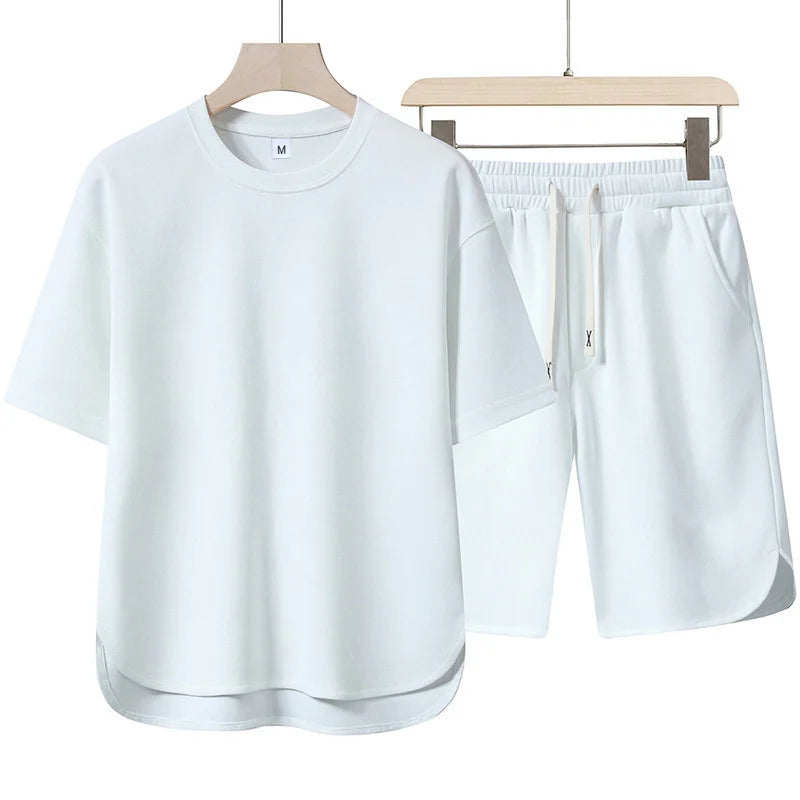 2025 Summer New Men Suit Round Neck Short Sleeve T-shirt+shorts Two Piece Set Loose Outdoor Sports Casual Solid Color Tracksuit