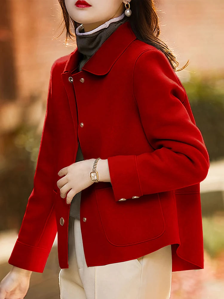 Women's Classic Short Woolen Coat – Button-Up Warm Autumn Winter Outerwear
