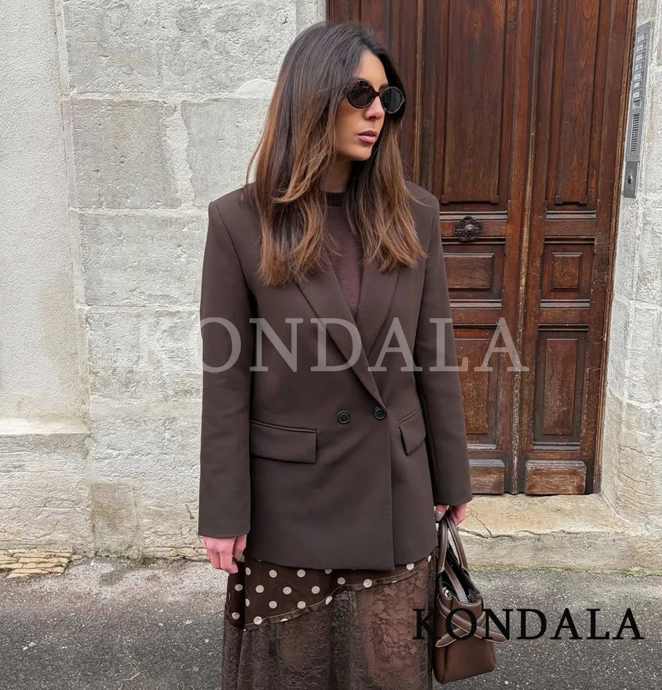 Women's Elegant Double-Breasted Blazer – Vintage Brown Button Office Lady Jacket