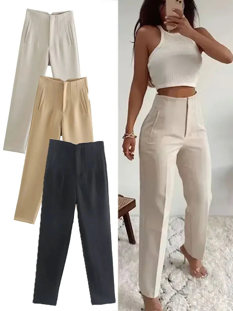 Women's Slim High Waist Pencil Pants – Vintage Solid Color Office Lady Trousers