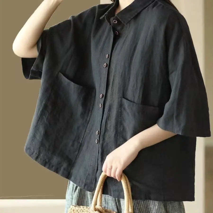 Women's Retro Cotton Linen Short Sleeve Casual Shirt – Loose Korean Fashion Top