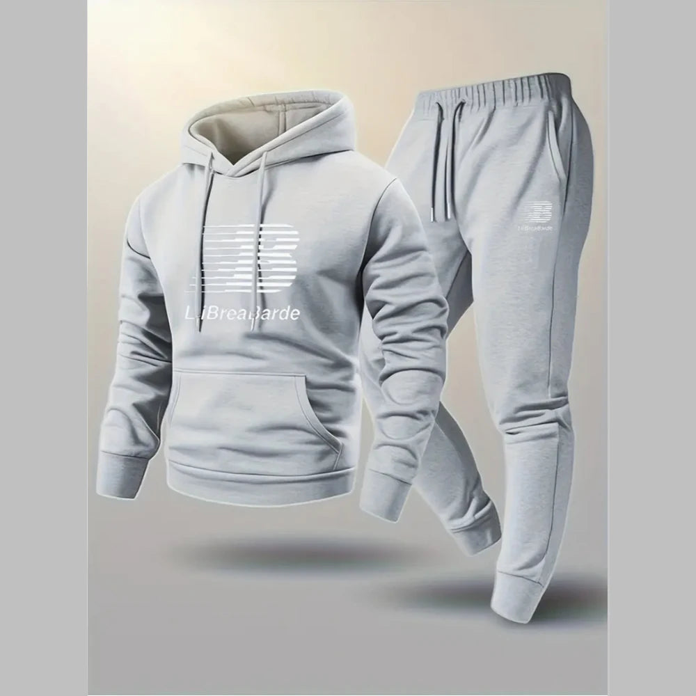 Men's letter printed casual hooded sports set -100% polyester fiber long sleeved pullover paired with drawstring running pants,