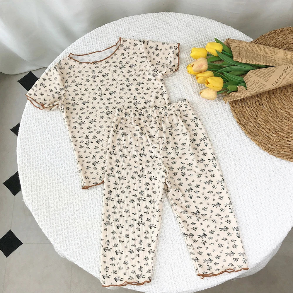 Kids Flower Print T-Shirt & Pants 2-Piece Set – Casual Home Clothes