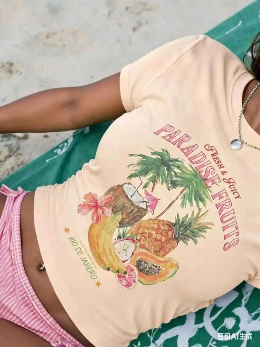 Sundraya Women Fruit & Coconut Print Fitted Short T-Shirt, Cream-Colored Summer Beach Vacation Ladies Top