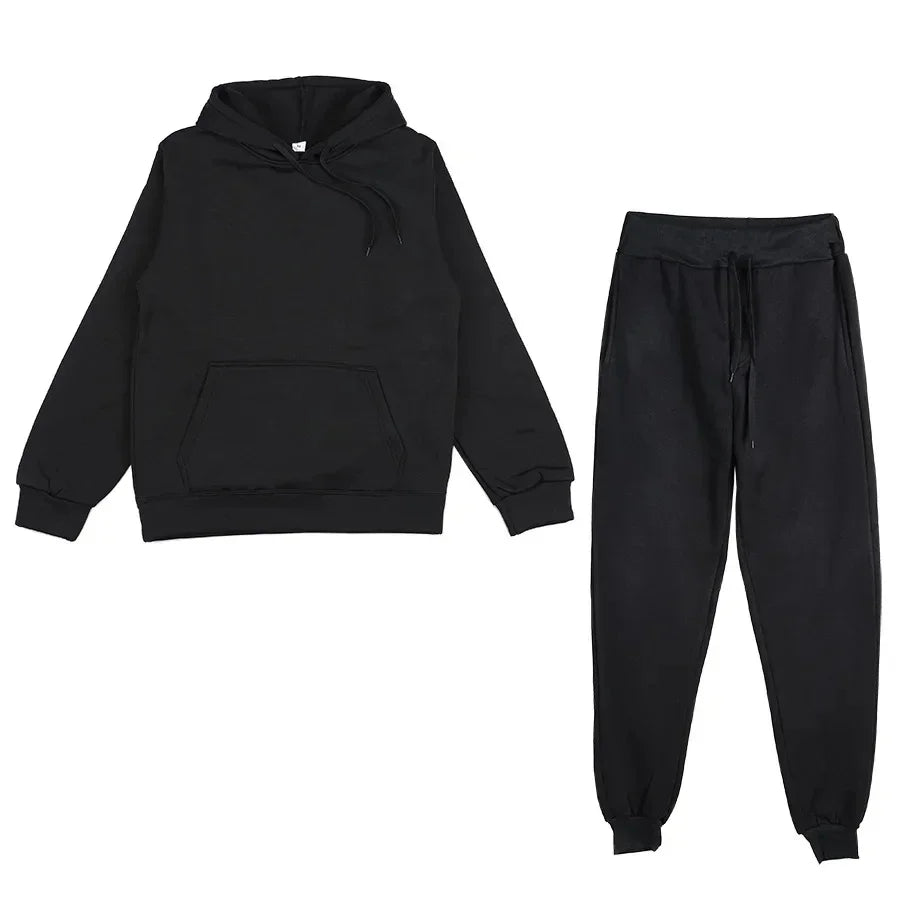 Men Women Tracksuit Hoodies Casual Solid Color Thick Pullover and Long Pant 2-piece Set Men Autumn Fleece Jogger Sports Suit Ne