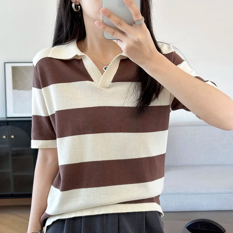 Women's Solid Polo Shirt – Half Sleeve Cotton Striped Casual Knit T-Shirt