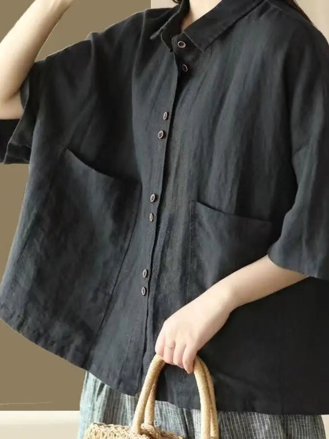 Women's Retro Cotton Linen Short Sleeve Casual Shirt – Loose Korean Fashion Top