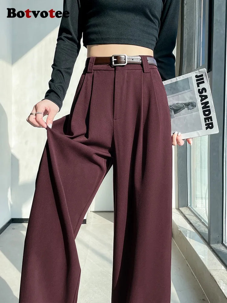 Women's High Waist Wide Leg Suit Pants with Pockets – Elegant Office Lady Trousers