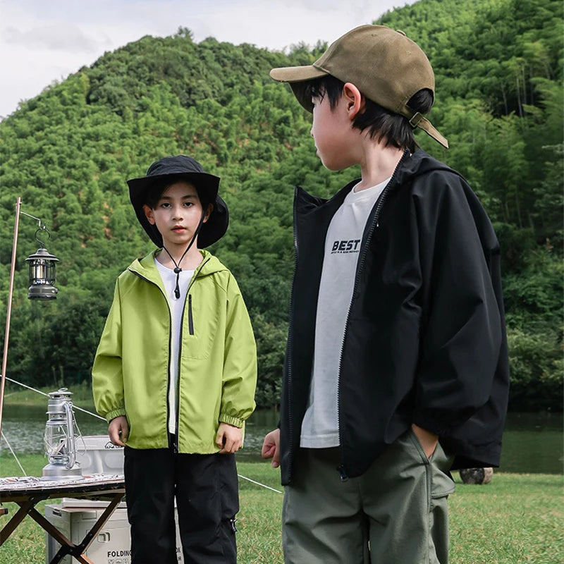Boys Hooded Waterproof Windbreaker Jacket – Solid Casual Outerwear Ages 2–12